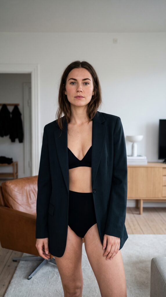 Voksen person i elegant lingeri og blazer i et diskret, redaktionelt miljø