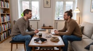 To voksne der taler sammen før en BDSM-scene