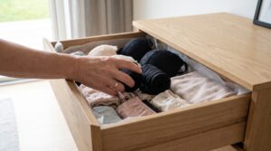 Forskellige strømper og nylonmaterialer i en garderobe