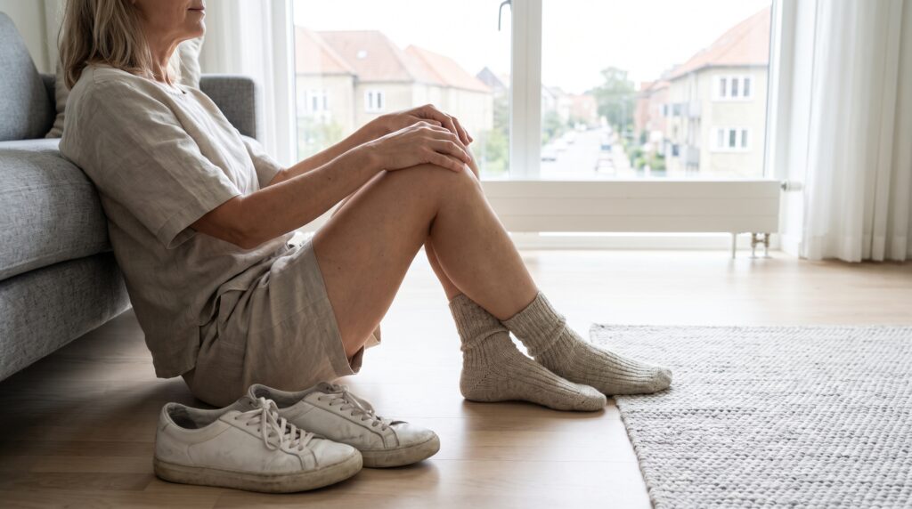 Et par brugte sneakers fotograferet i et roligt hjemmemiljø